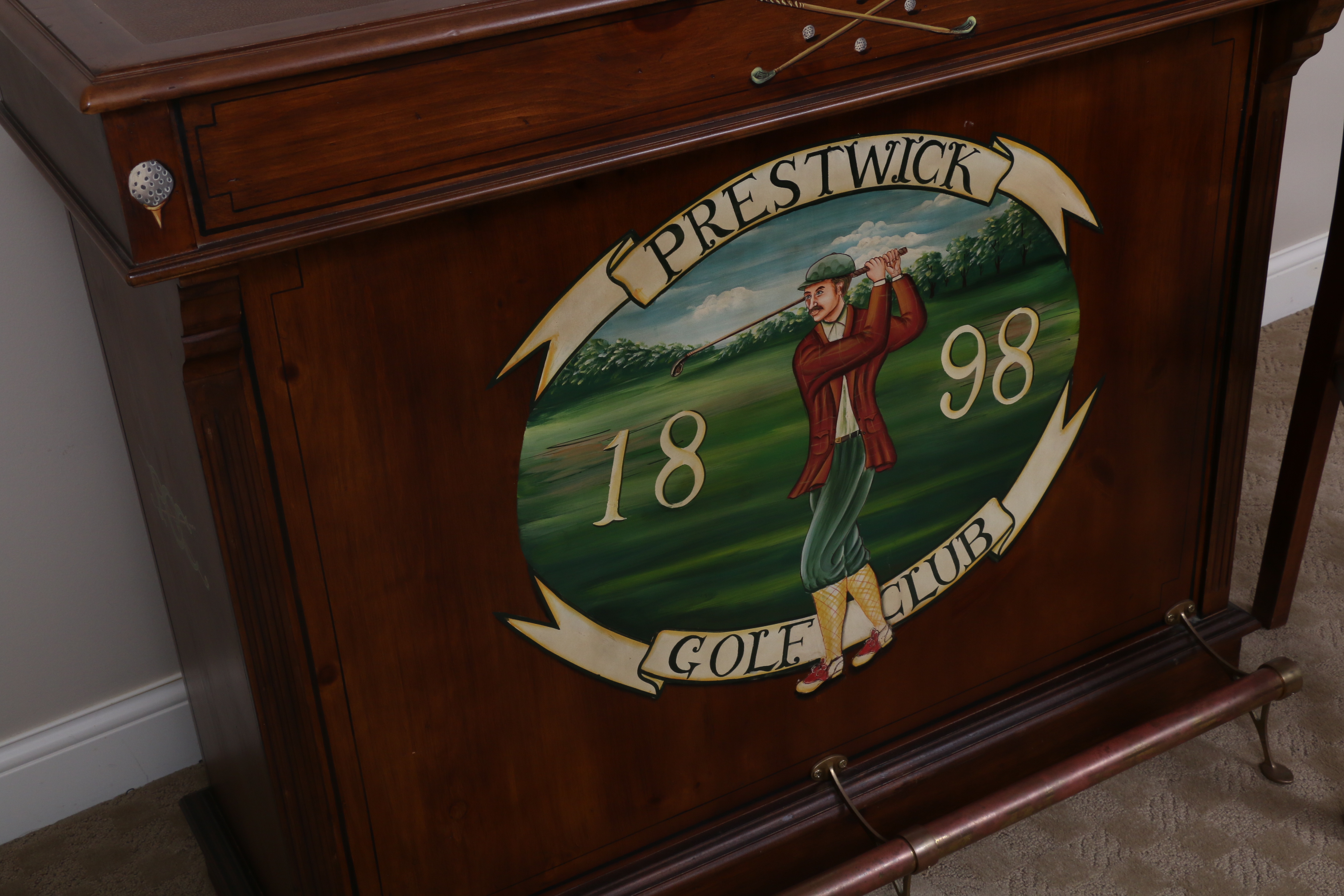 Prestwick Golf Club Paint-Decorated Wood Bar with Barstools, Late 20th Century