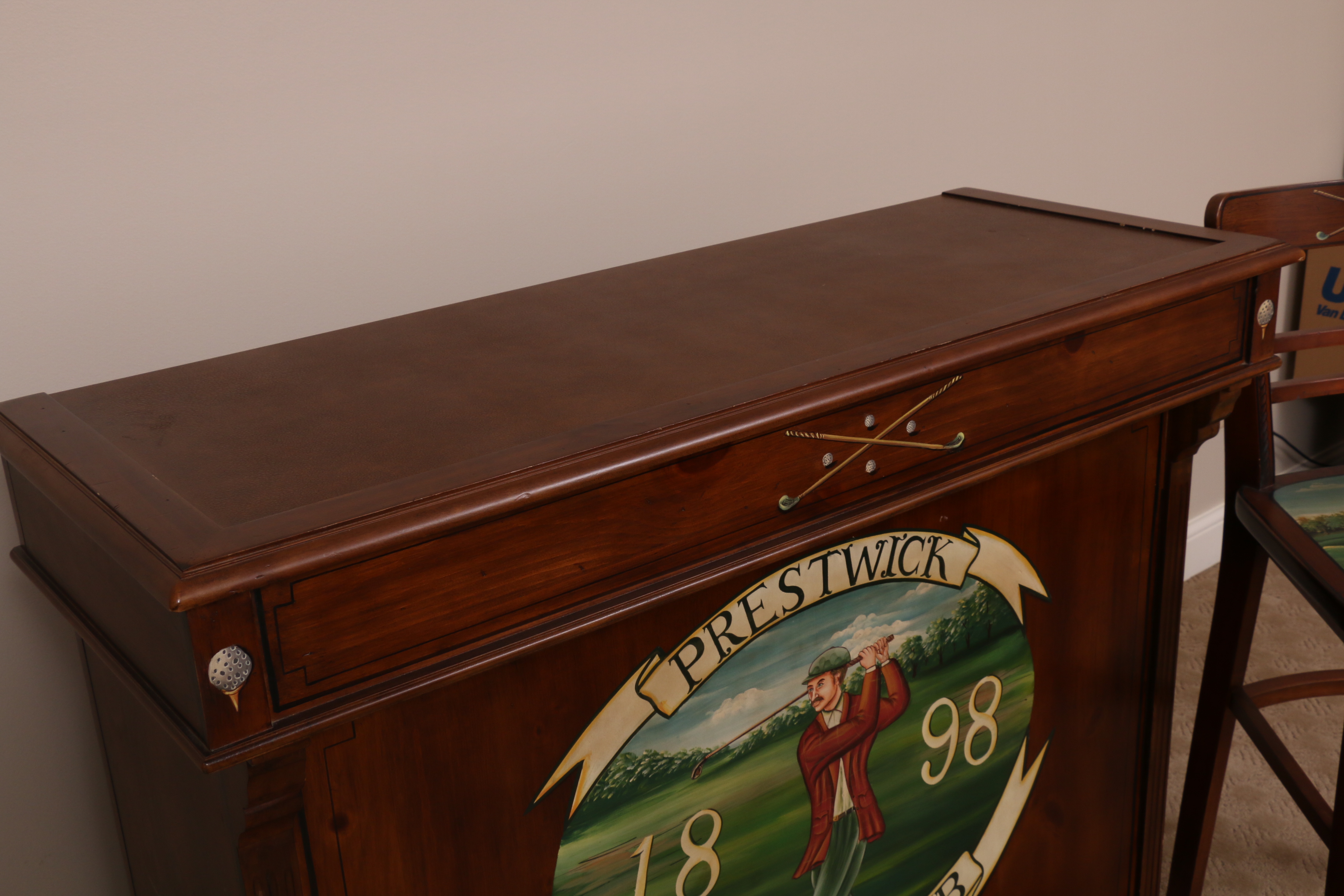 Prestwick Golf Club Paint-Decorated Wood Bar with Barstools, Late 20th Century