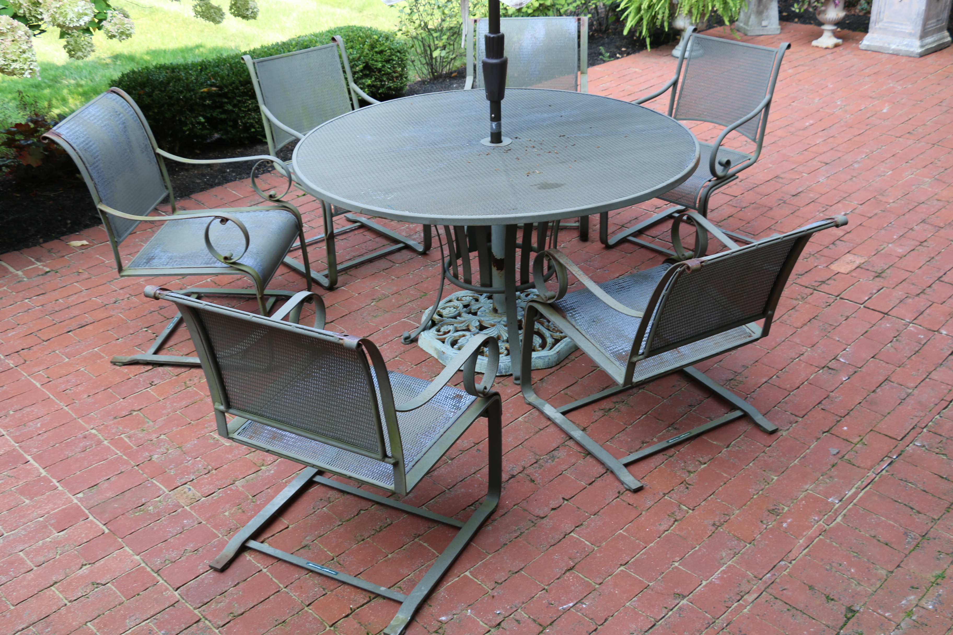 Summer Classics Mesh Metal Patio Table, Umbrella, Chairs and Side Table