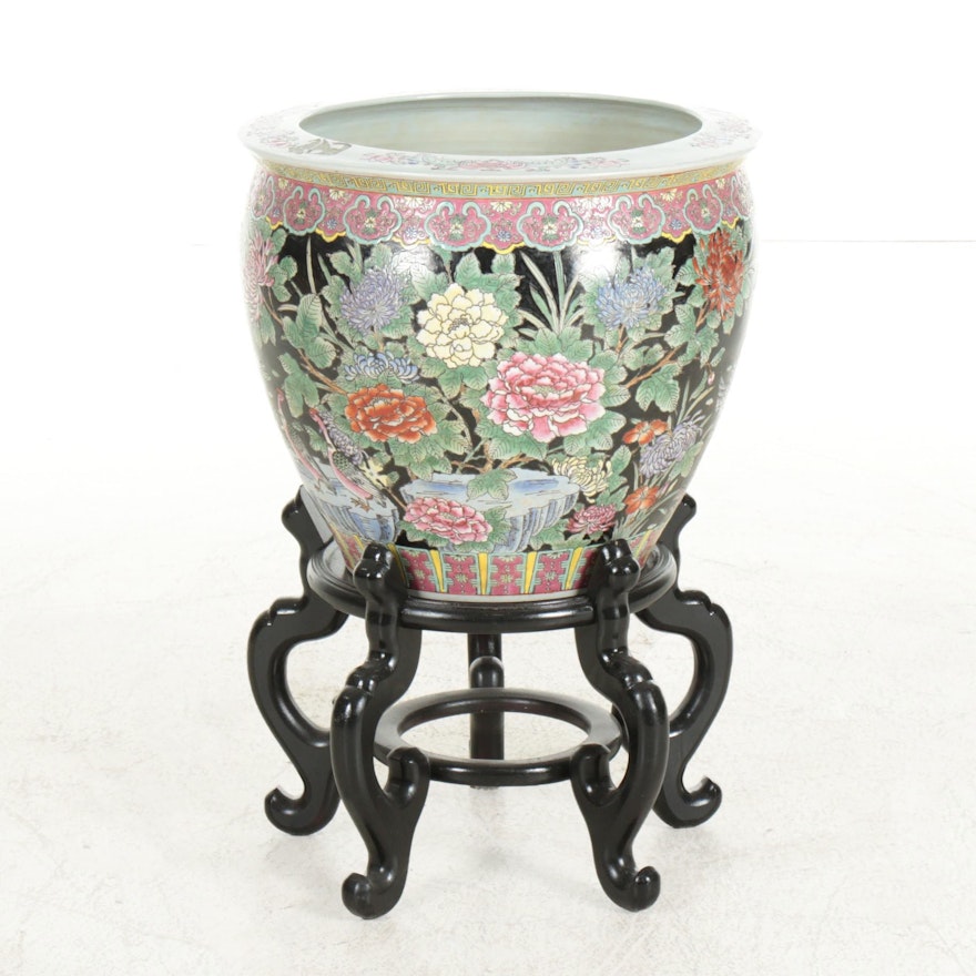 Chinese Hand-Painted Porcelain Planter with Wooden Stand