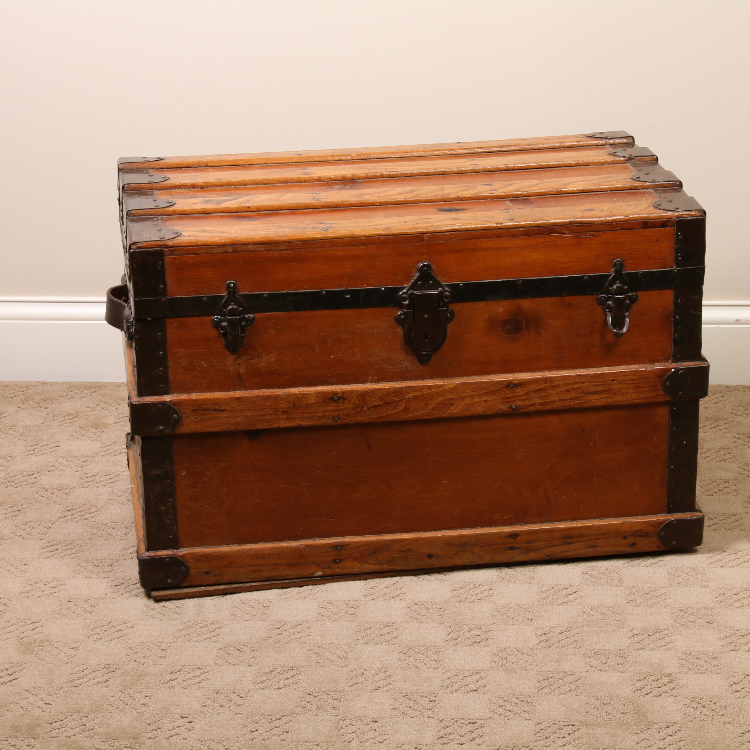 Victorian Style Wooden Steamer Trunk with Metal Hardware, Early 20th Century