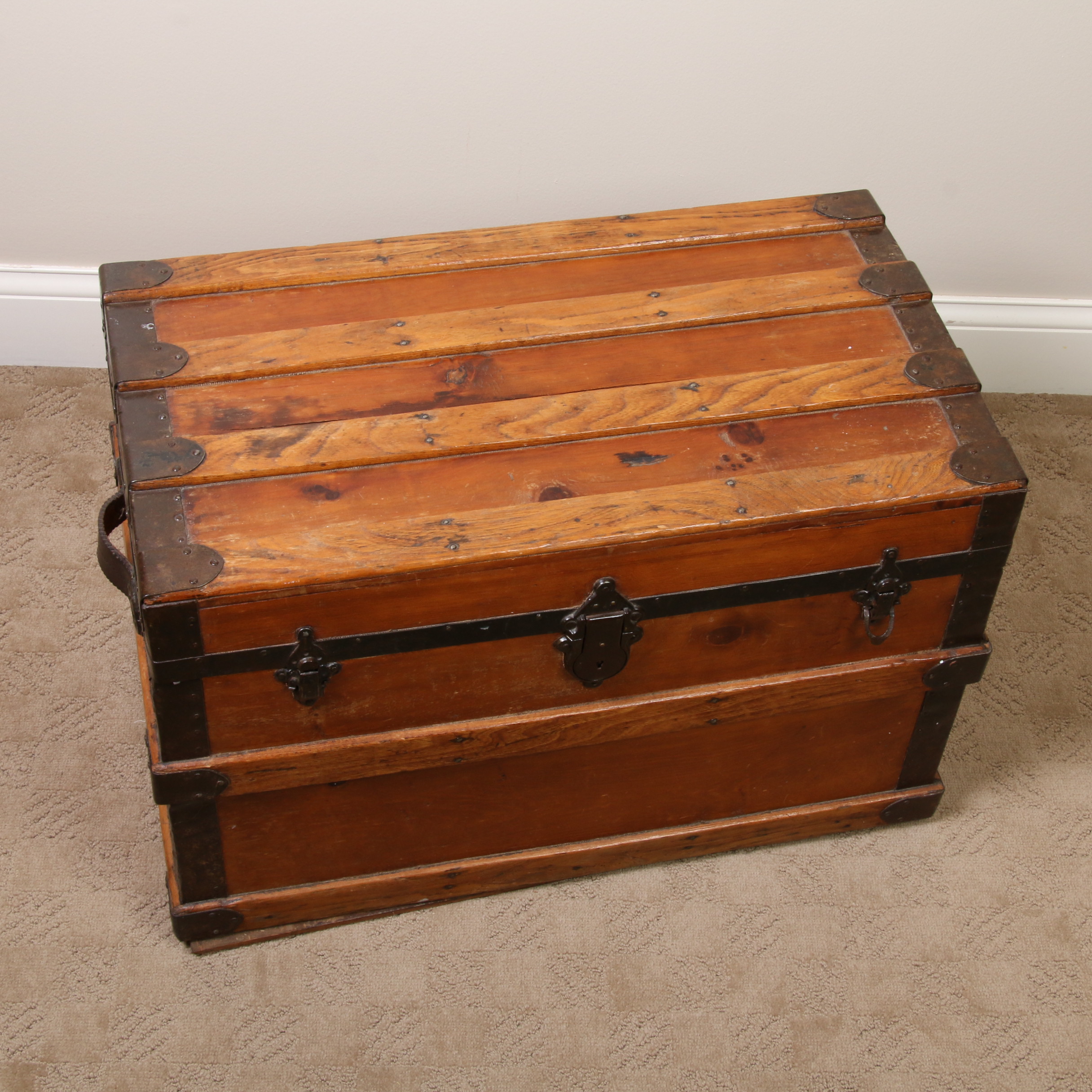 Victorian Style Wooden Steamer Trunk with Metal Hardware, Early 20th Century