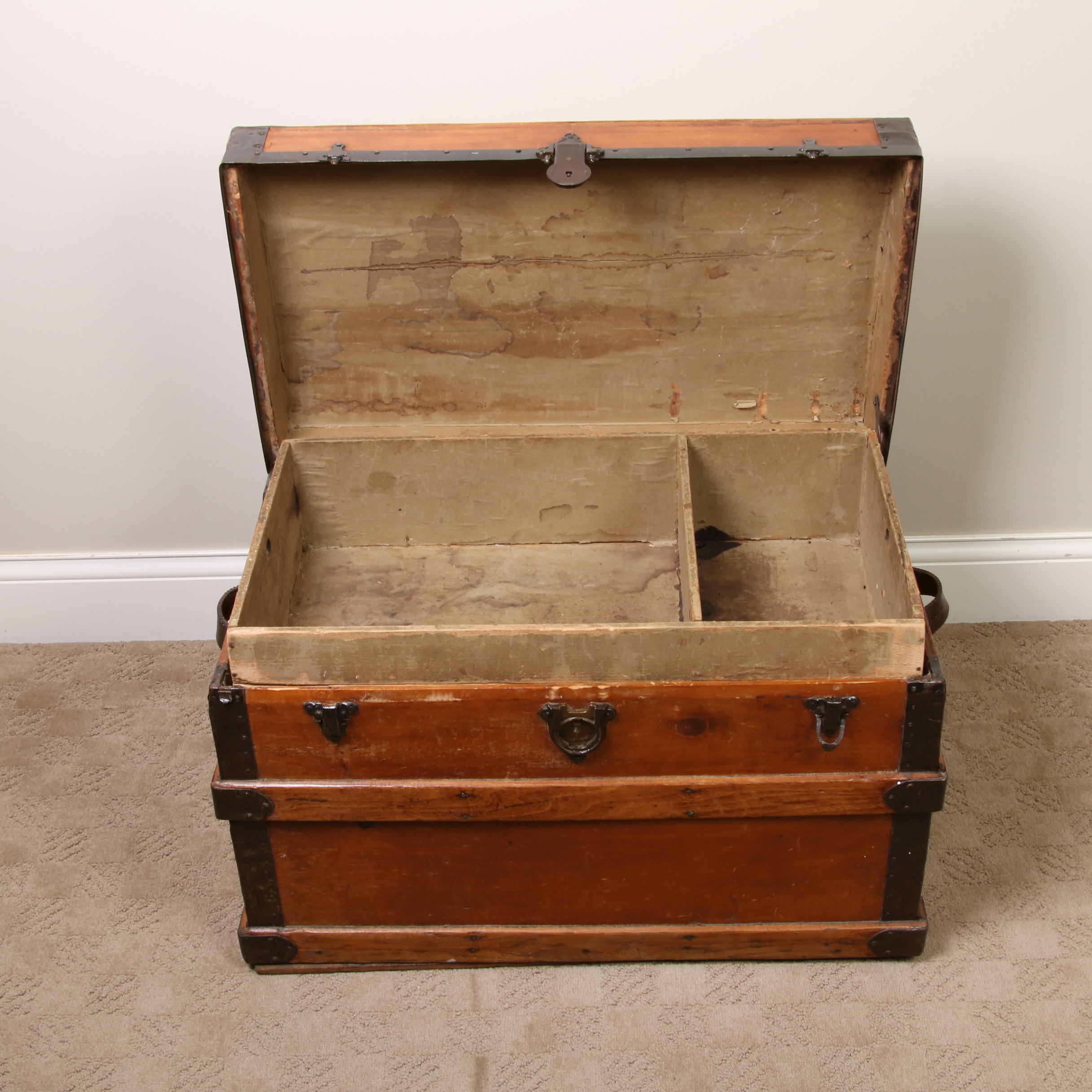 Victorian Style Wooden Steamer Trunk with Metal Hardware, Early 20th Century