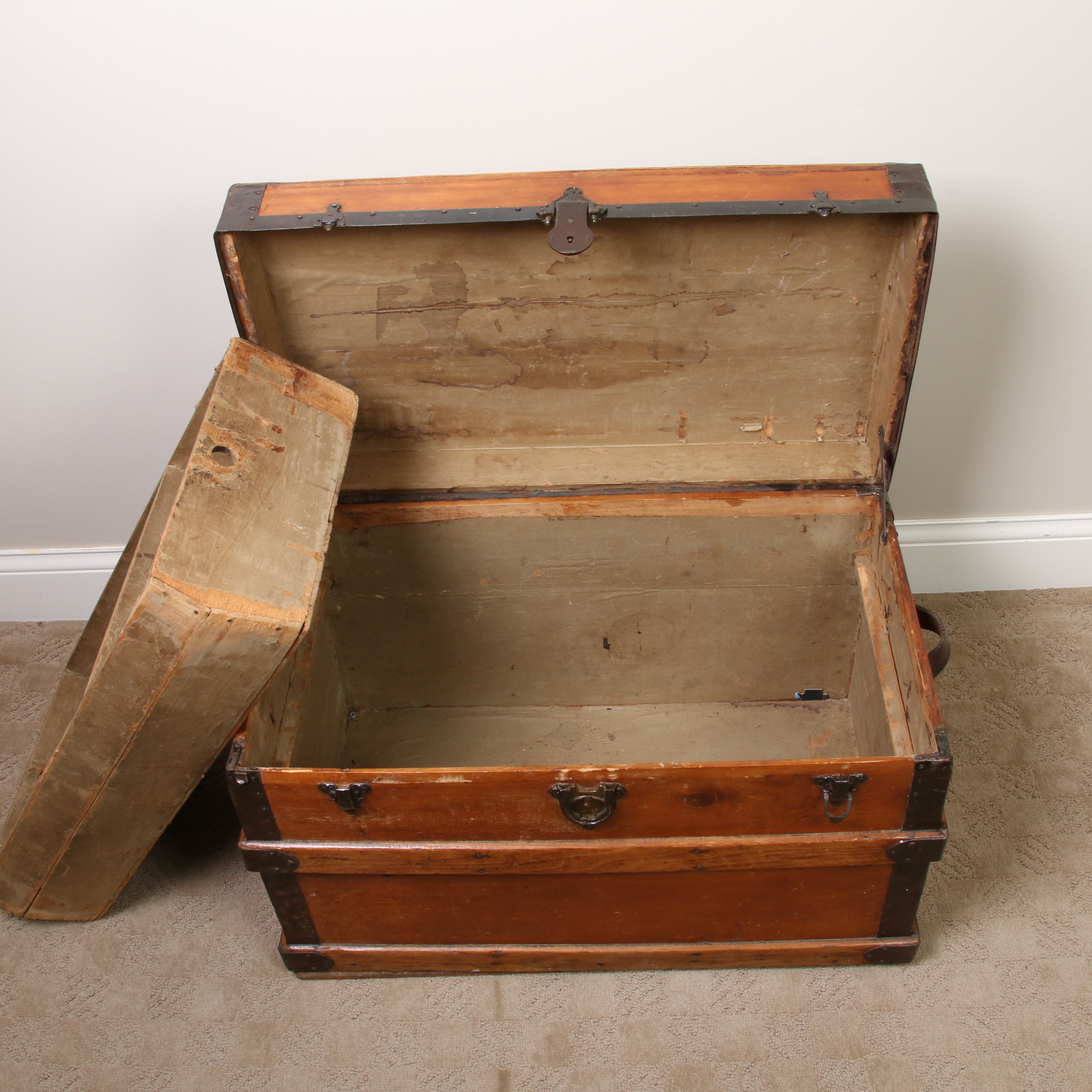 Victorian Style Wooden Steamer Trunk with Metal Hardware, Early 20th Century