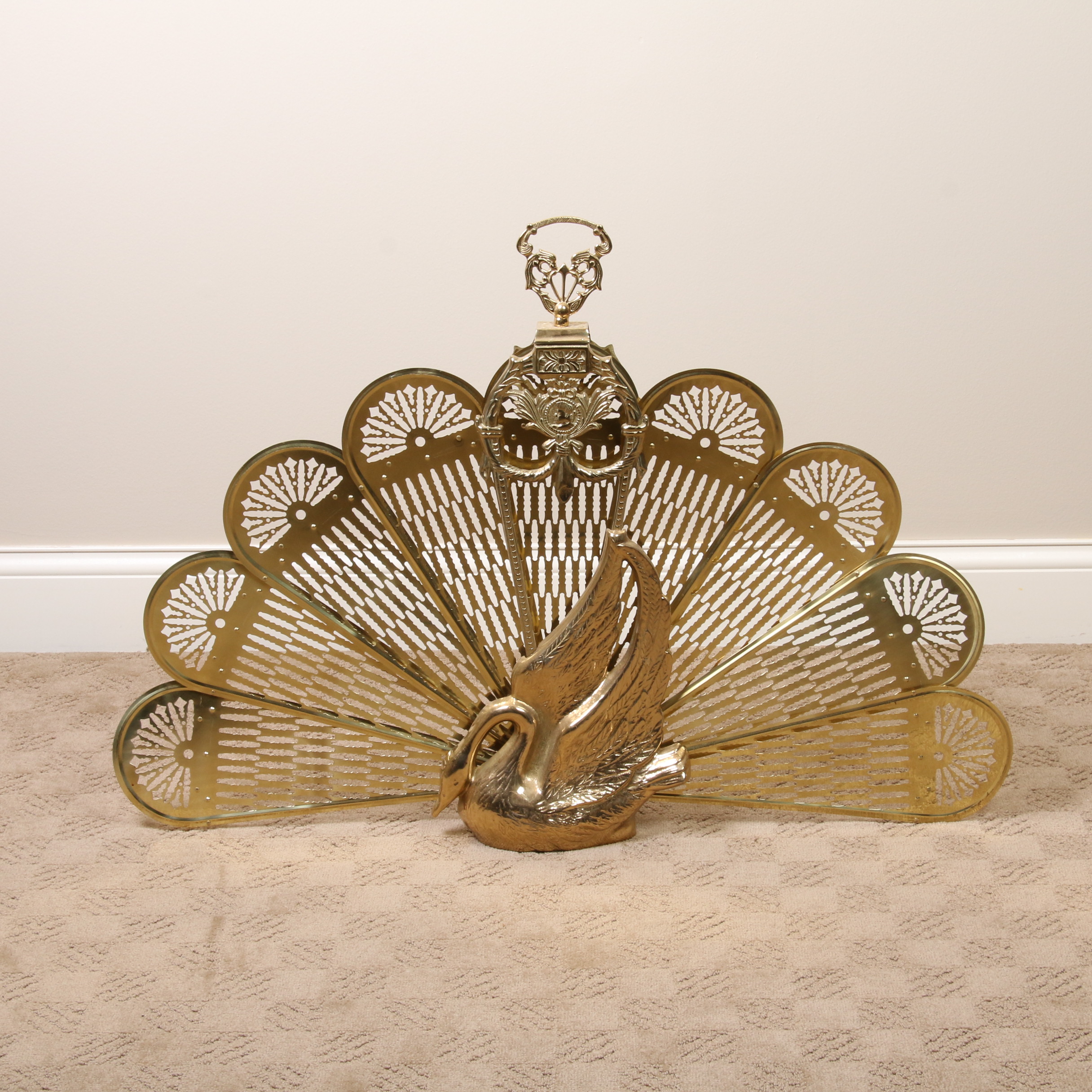 Brass Swan Fan Shaped Fireplace Screen, Mid-20th Century