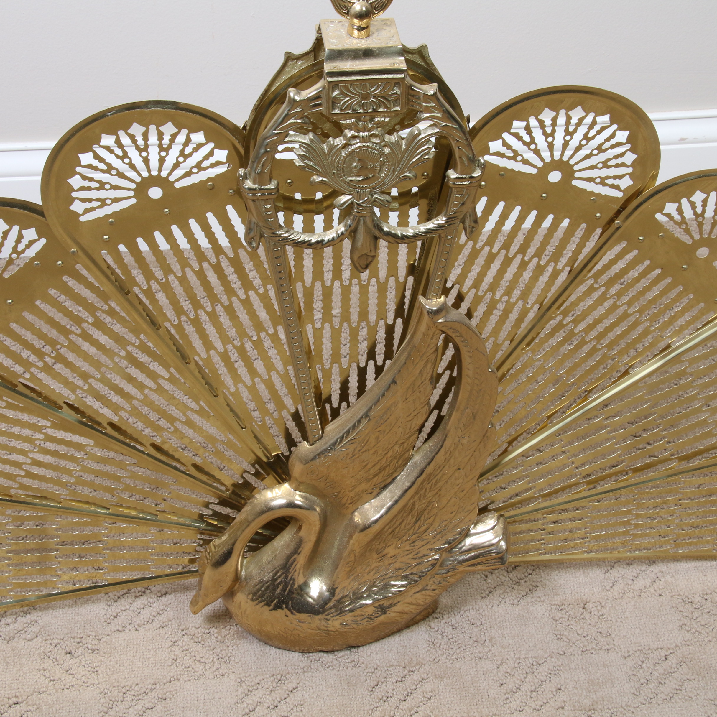 Brass Swan Fan Shaped Fireplace Screen, Mid-20th Century