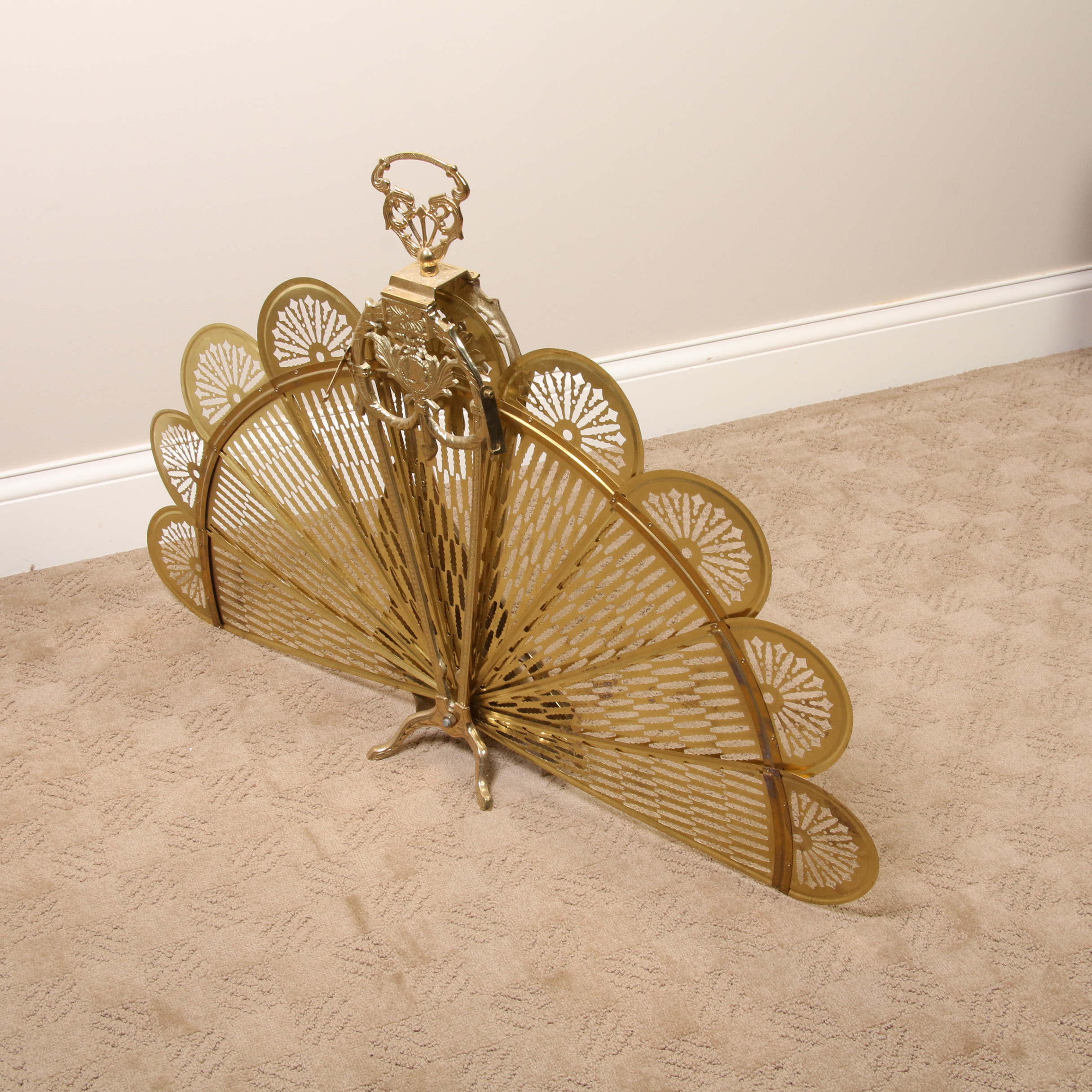 Brass Swan Fan Shaped Fireplace Screen, Mid-20th Century