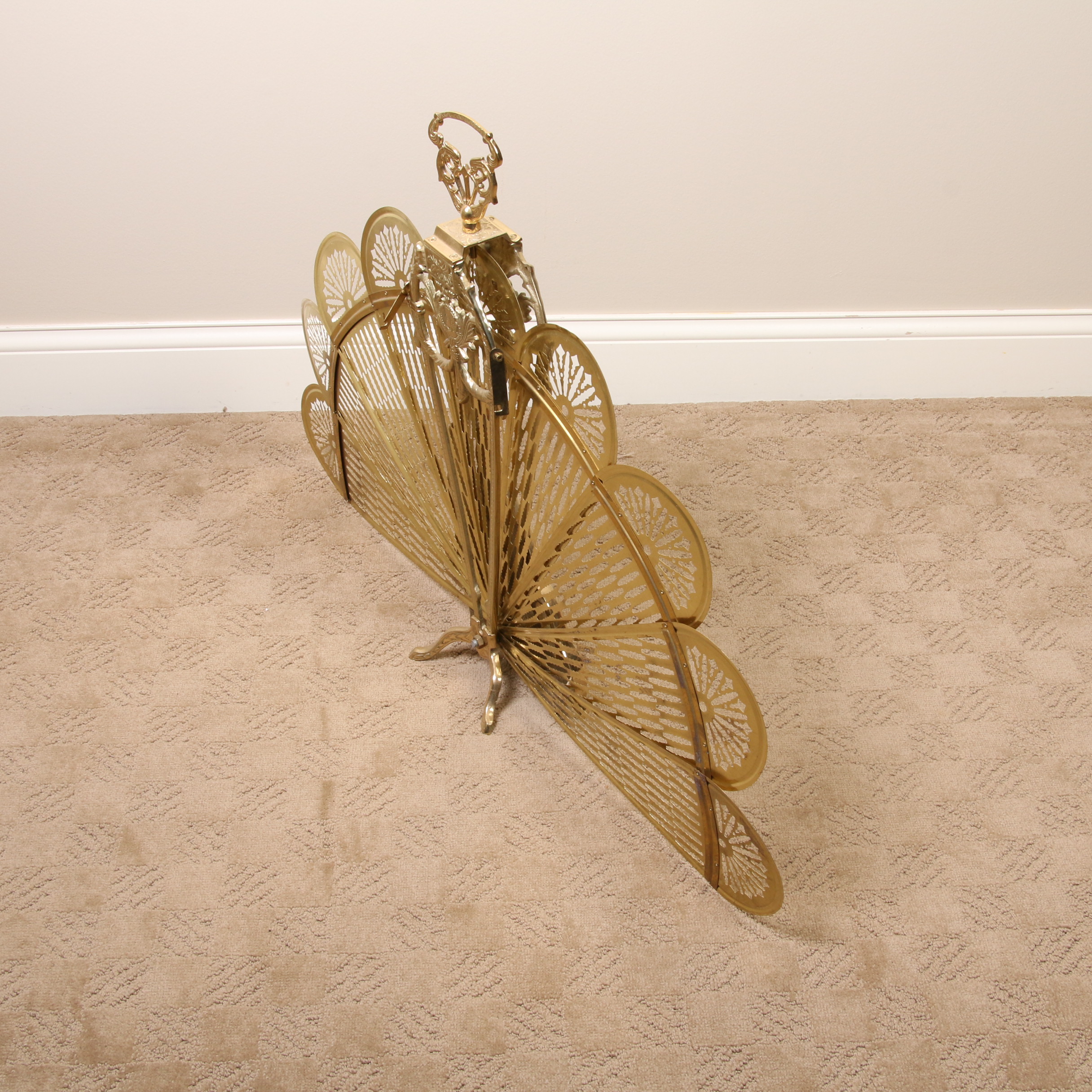 Brass Swan Fan Shaped Fireplace Screen, Mid-20th Century