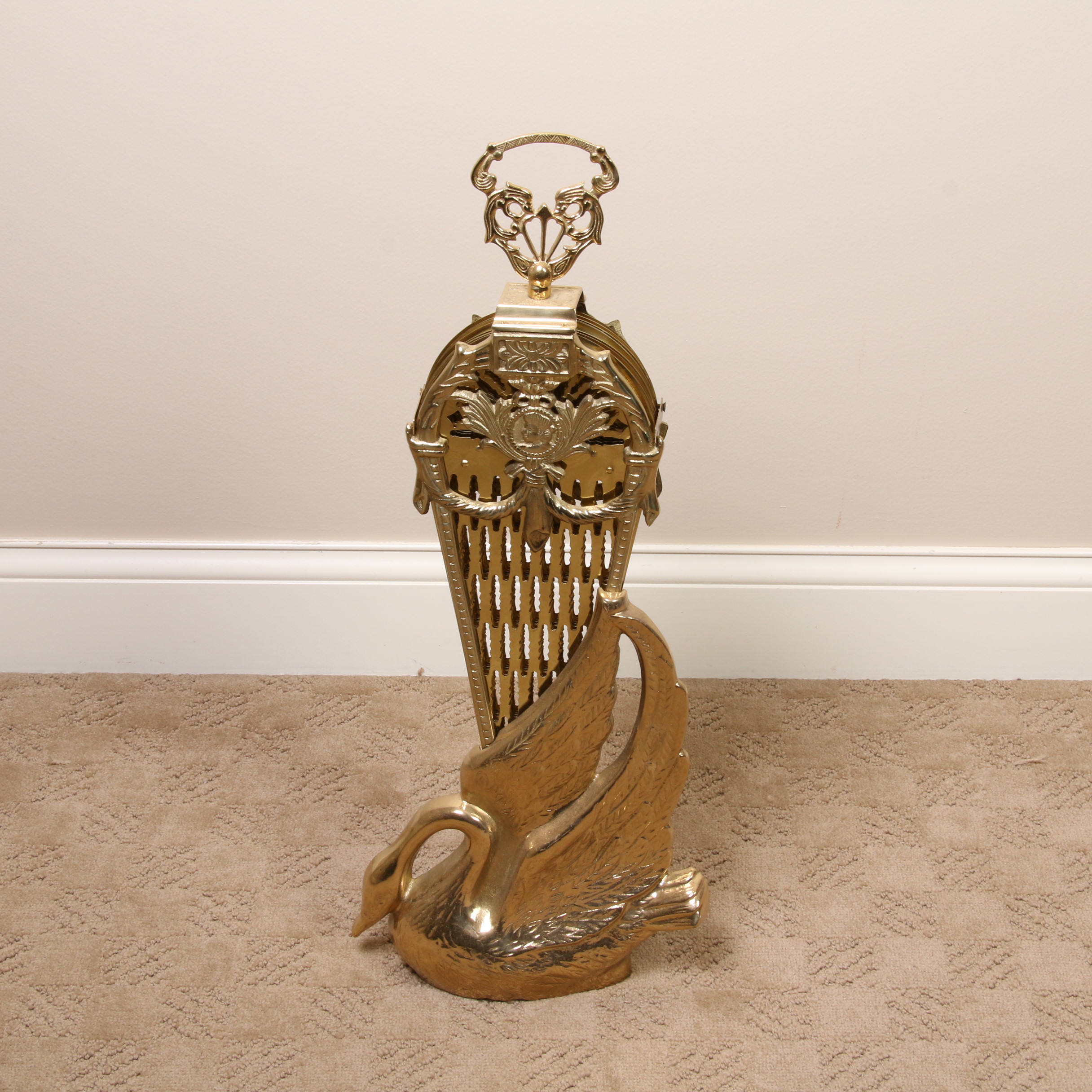 Brass Swan Fan Shaped Fireplace Screen, Mid-20th Century