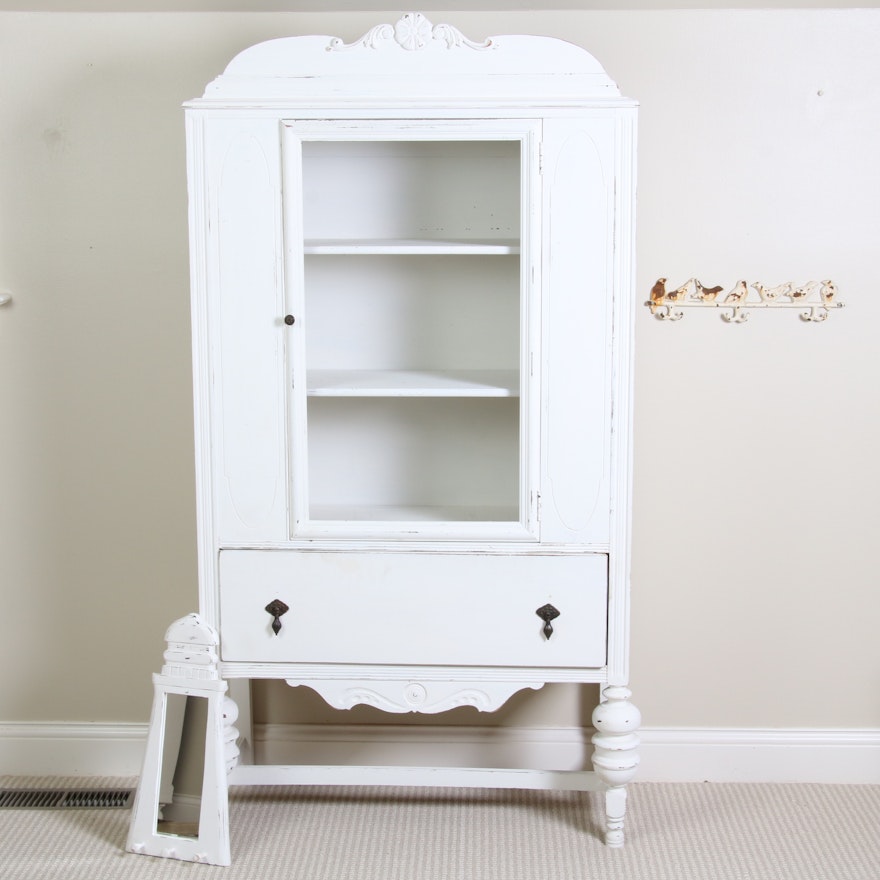 French Provincial Style White Washed Armoire and Accent Mirror, 20th Century