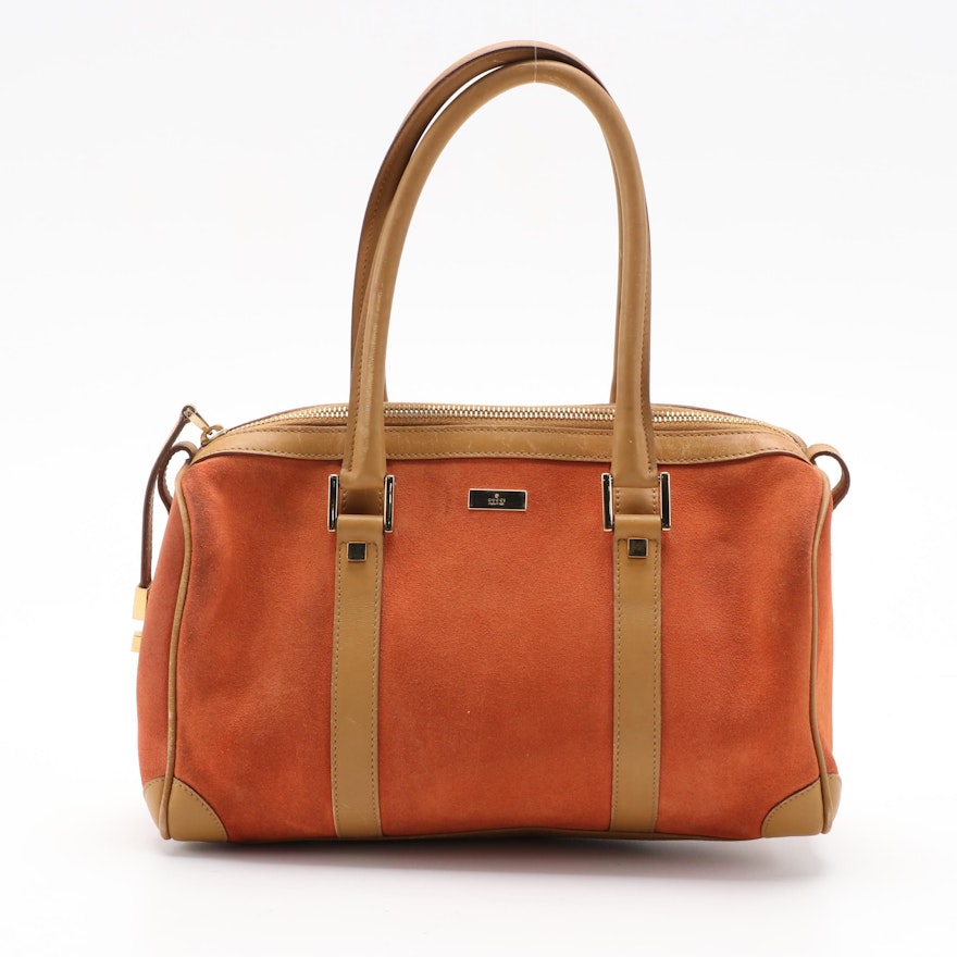 Gucci Boston Bag in Orange Suede with Contrasting Leather Trim in Camel