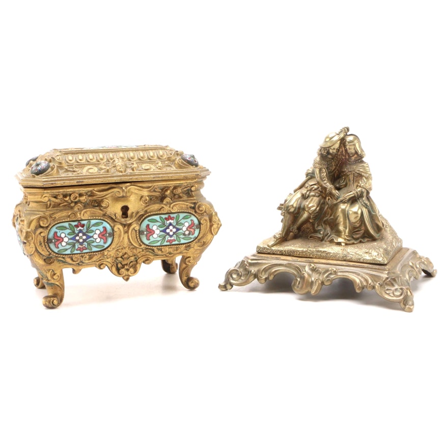 Gilt Bronze Champleve Enamel Gilt Metal Jewelry Casket with Cast Brass Figurine