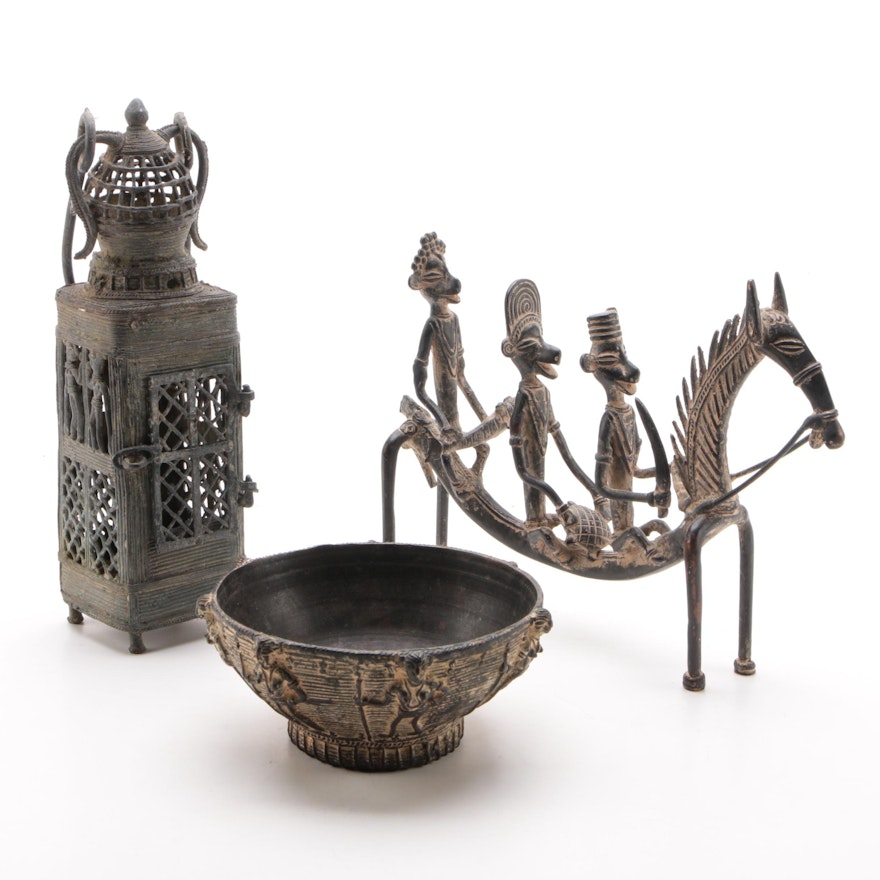 West African Ornate Bowl, Horse Figurine with Riders, and Metal Lantern