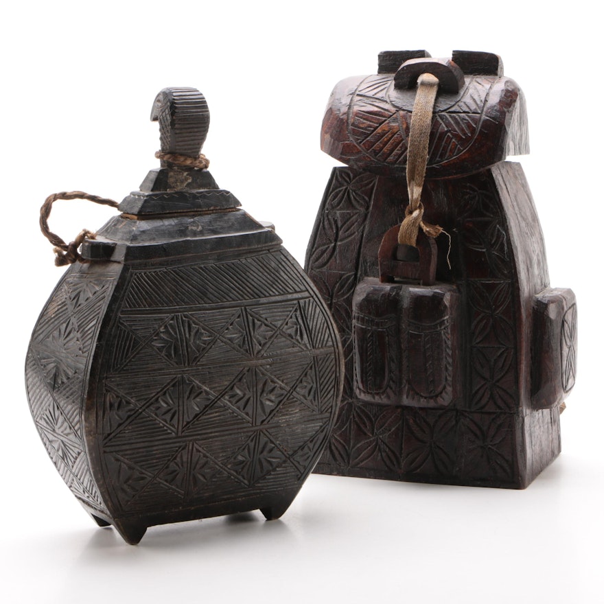 Folk Art Carved Wood Boxes Resembling a Backpack and Vase
