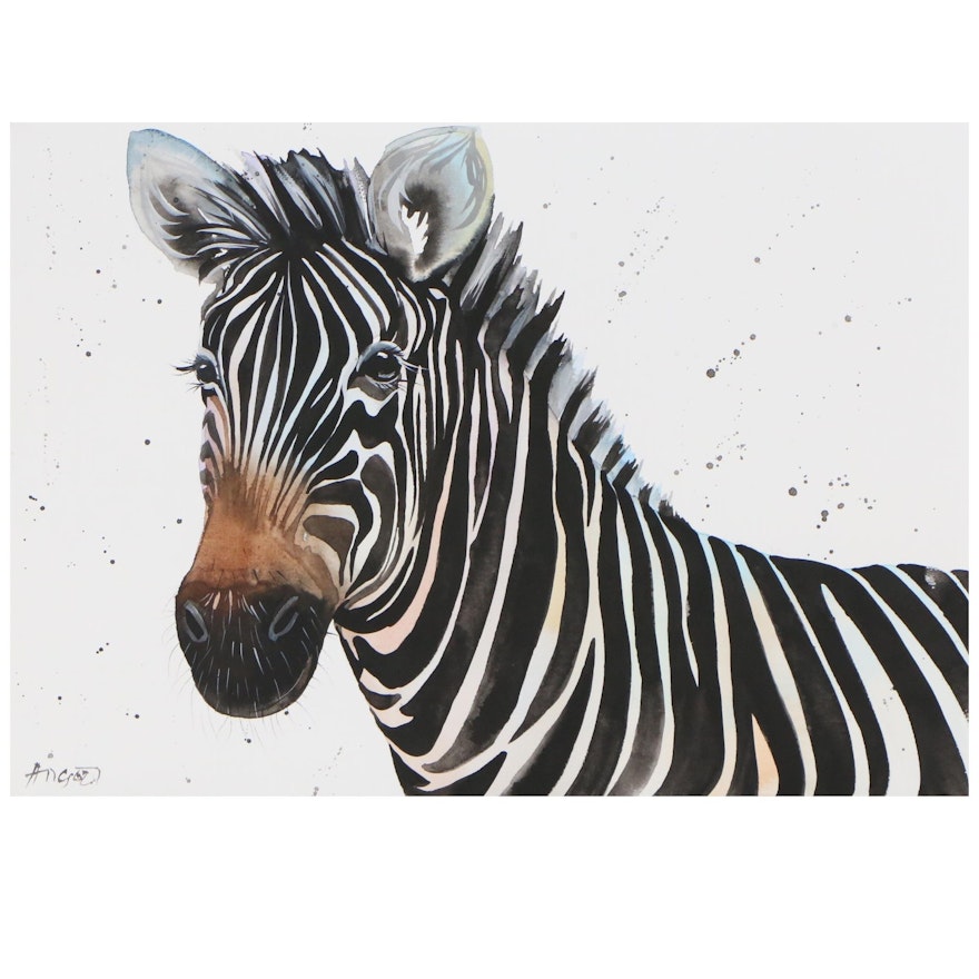 Anne Gorywine Watercolor Painting of Zebra, 2020