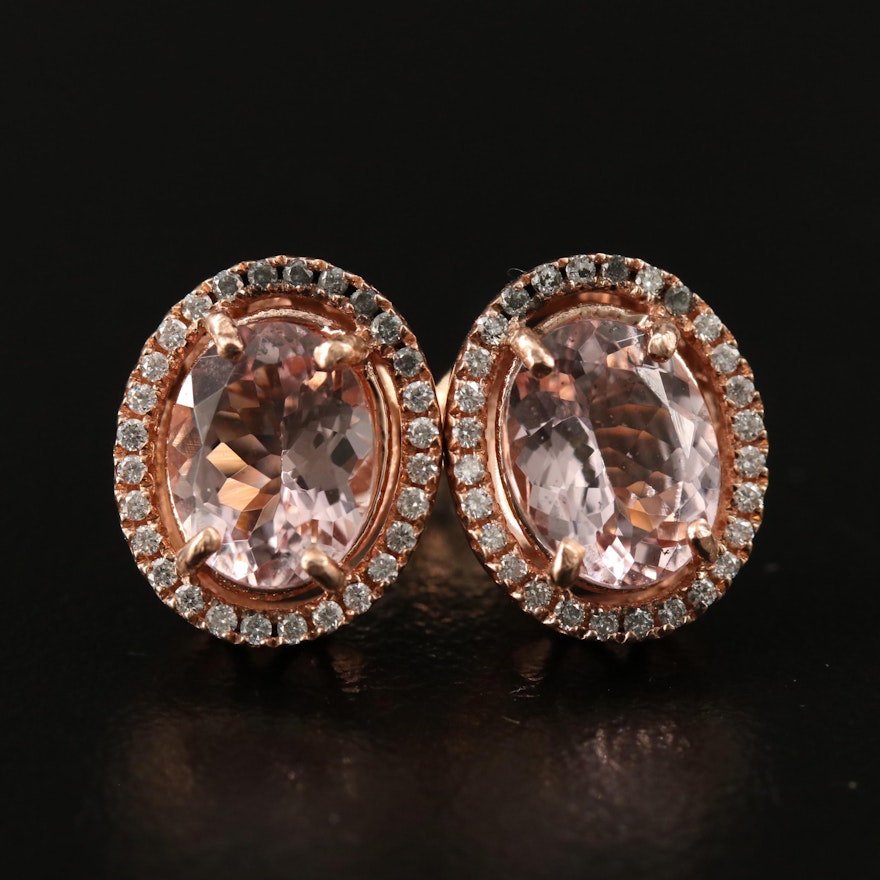 14K Rose Gold Oval Faceted Morganite and Diamond Halo Button Earrings