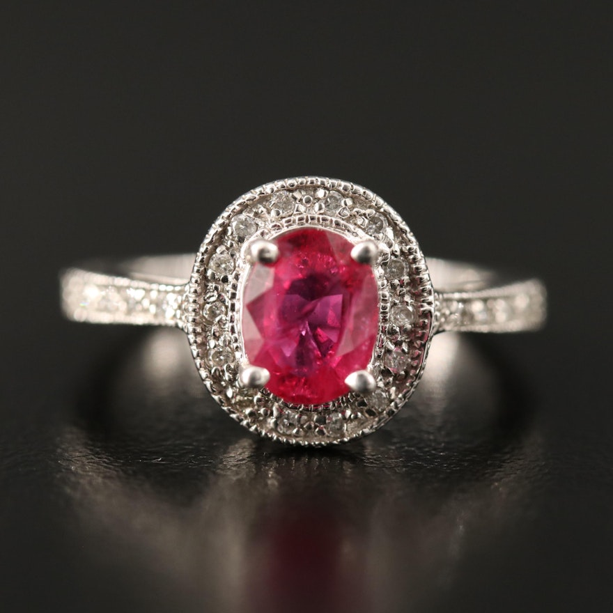 14K 1.40 CT Oval Faceted Ruby and Diamond Halo Ring