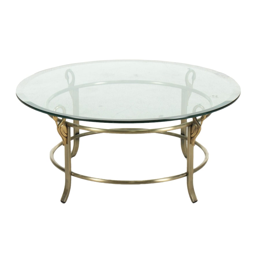 Hollywood Regency Style Glass Top Metal Swan Motif Coffee Table