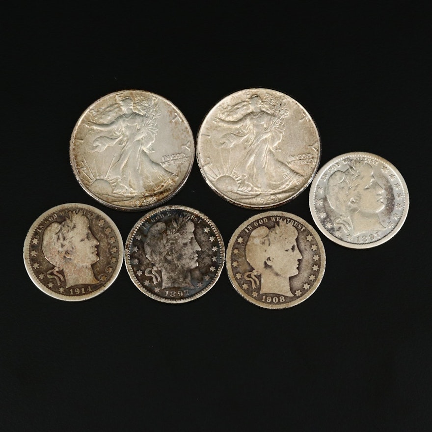 Collection of Walking Liberty Silver Half Dollars and Silver Barber Quarters