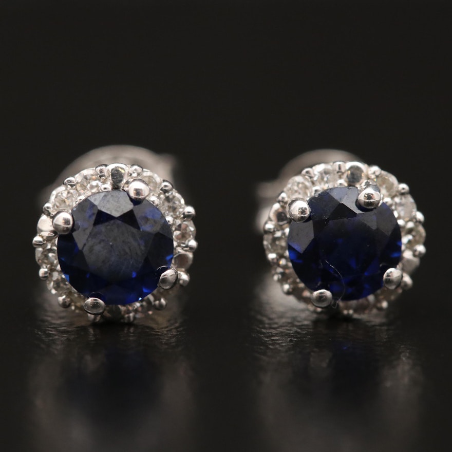 Sterling Silver Sapphire and Diamond Stud Earrings
