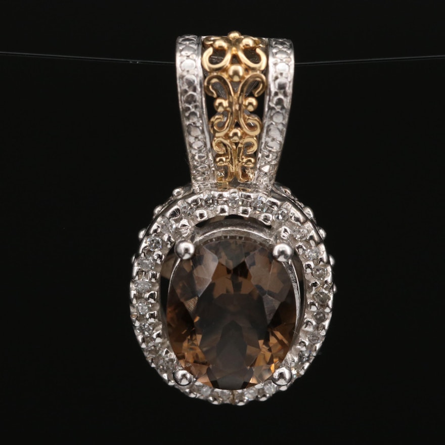 Sterling Silver Smoky Quartz and Diamond Oval Pendant with 14K Accent