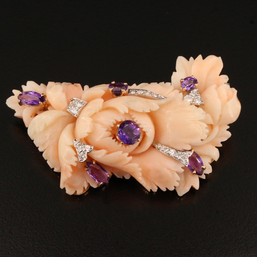 14K Carved Coral, Amethyst and Diamond Floral Converter Brooch