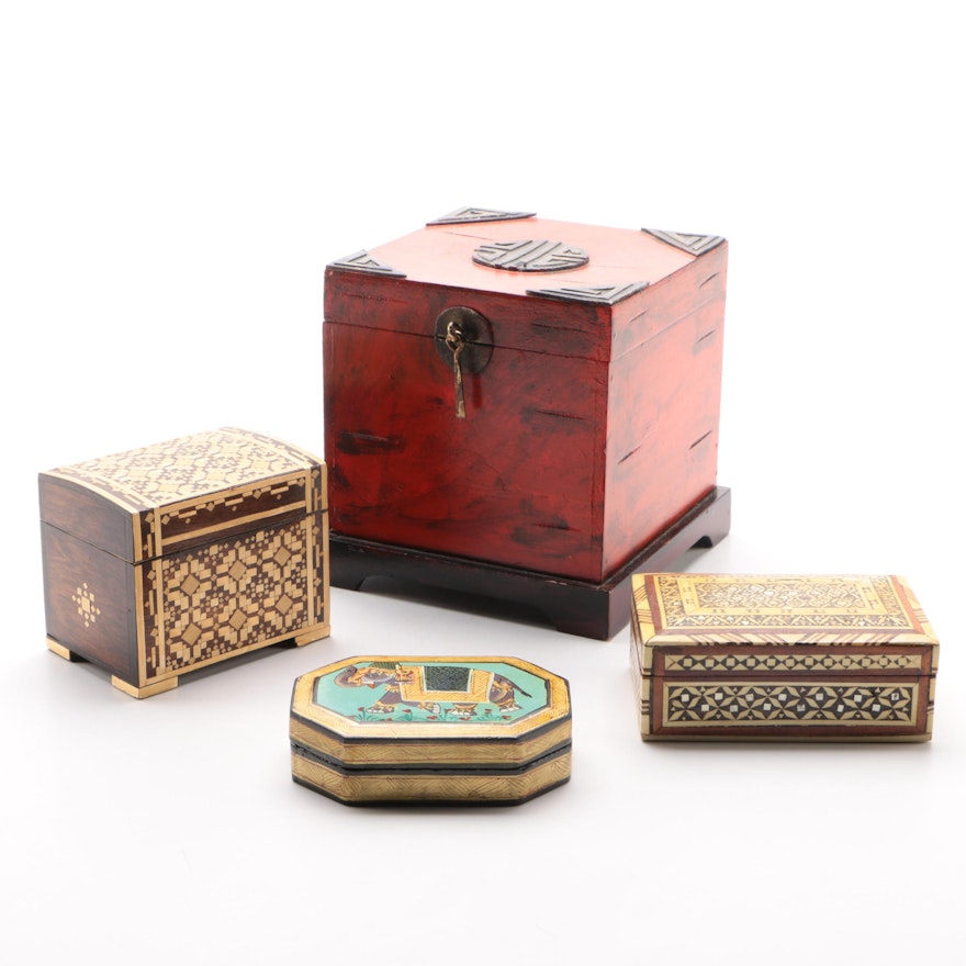 Indian Hand-Painted Elephant, Soviet Straw Inlaid, and Other Boxes