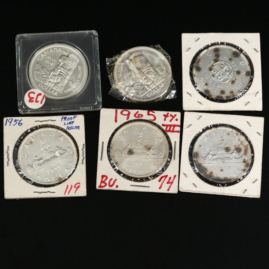 Six Canadian Silver Dollars, Mid 20th Century