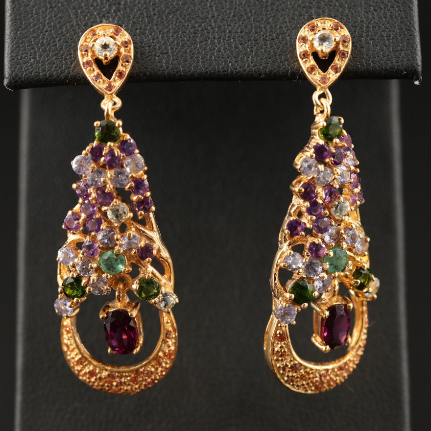 Sterling Rhodolite Garnet, Tanzanite and Emerald Cluster Teardrop Earrings