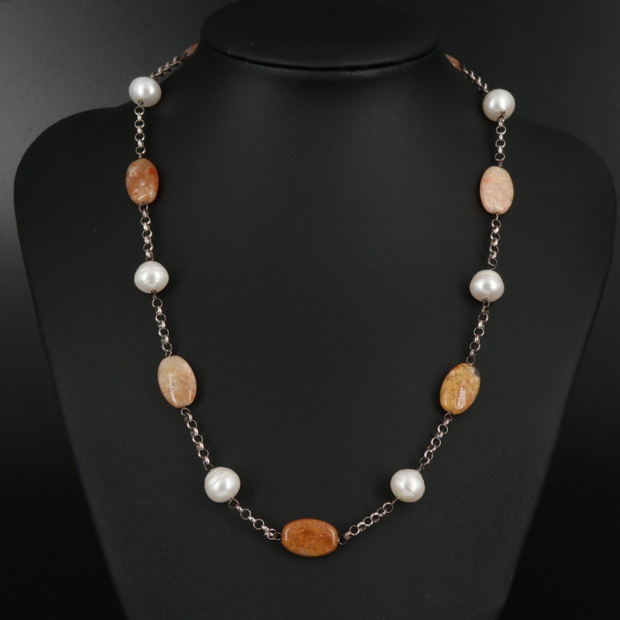 Sterling Silver Station Necklace with Peal and Agate