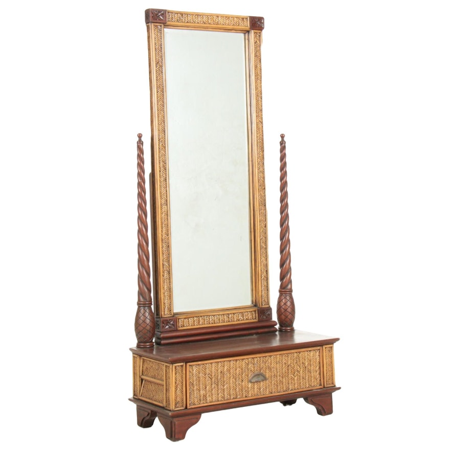 Wicker and Wood Hall Tree Bench with Mirror