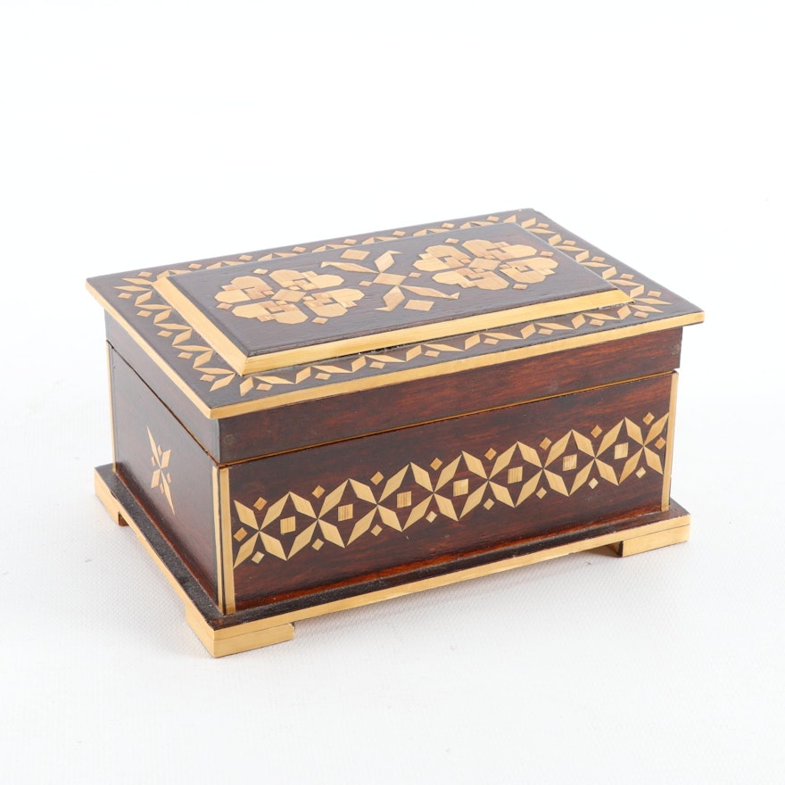 Russian Folk Art Straw Inlaid Wooden Jewelry Box, Mid to Late 20th C.