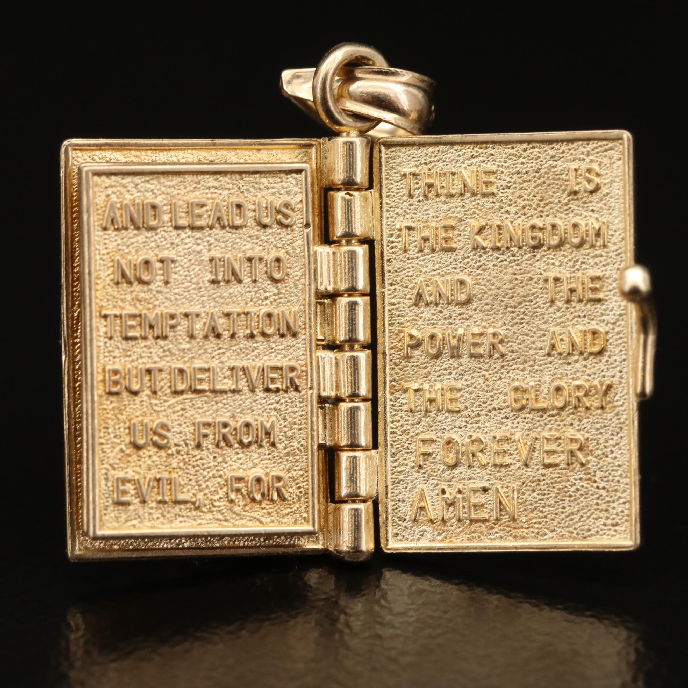 14K Holy Bible with Lord's Prayer Articulated Charm Pendant