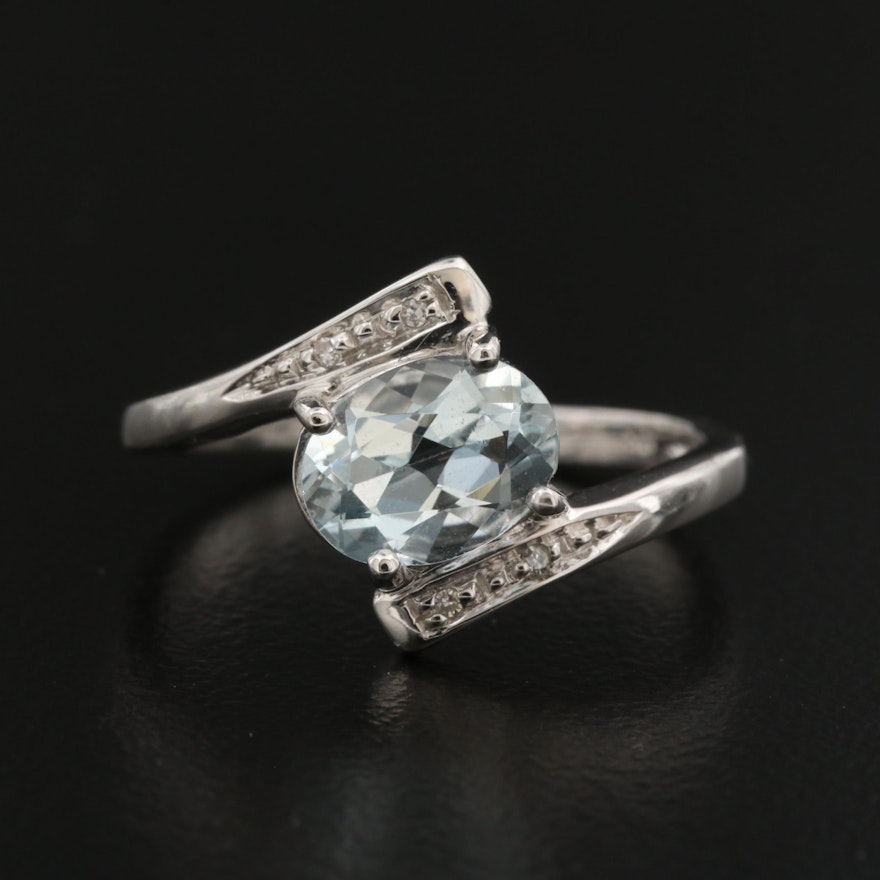 10K Oval Faceted Aquamarine and Diamond Bypass Ring