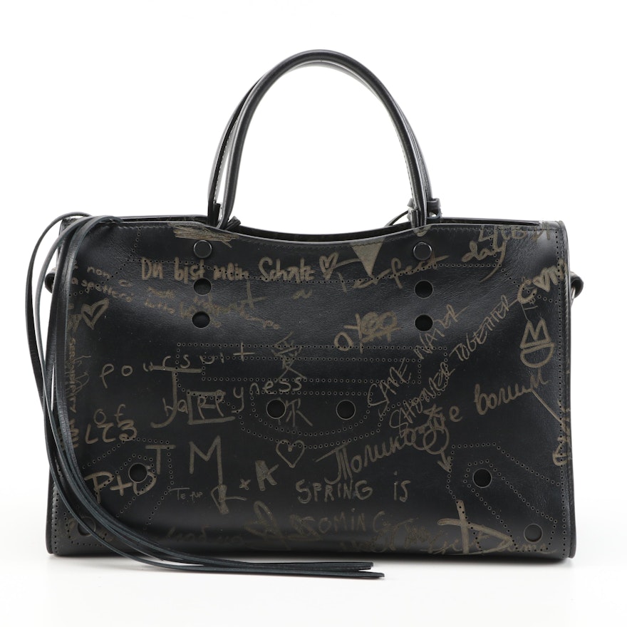 Balenciagia Blackout City Graffiti Print Handbag in Black Leather