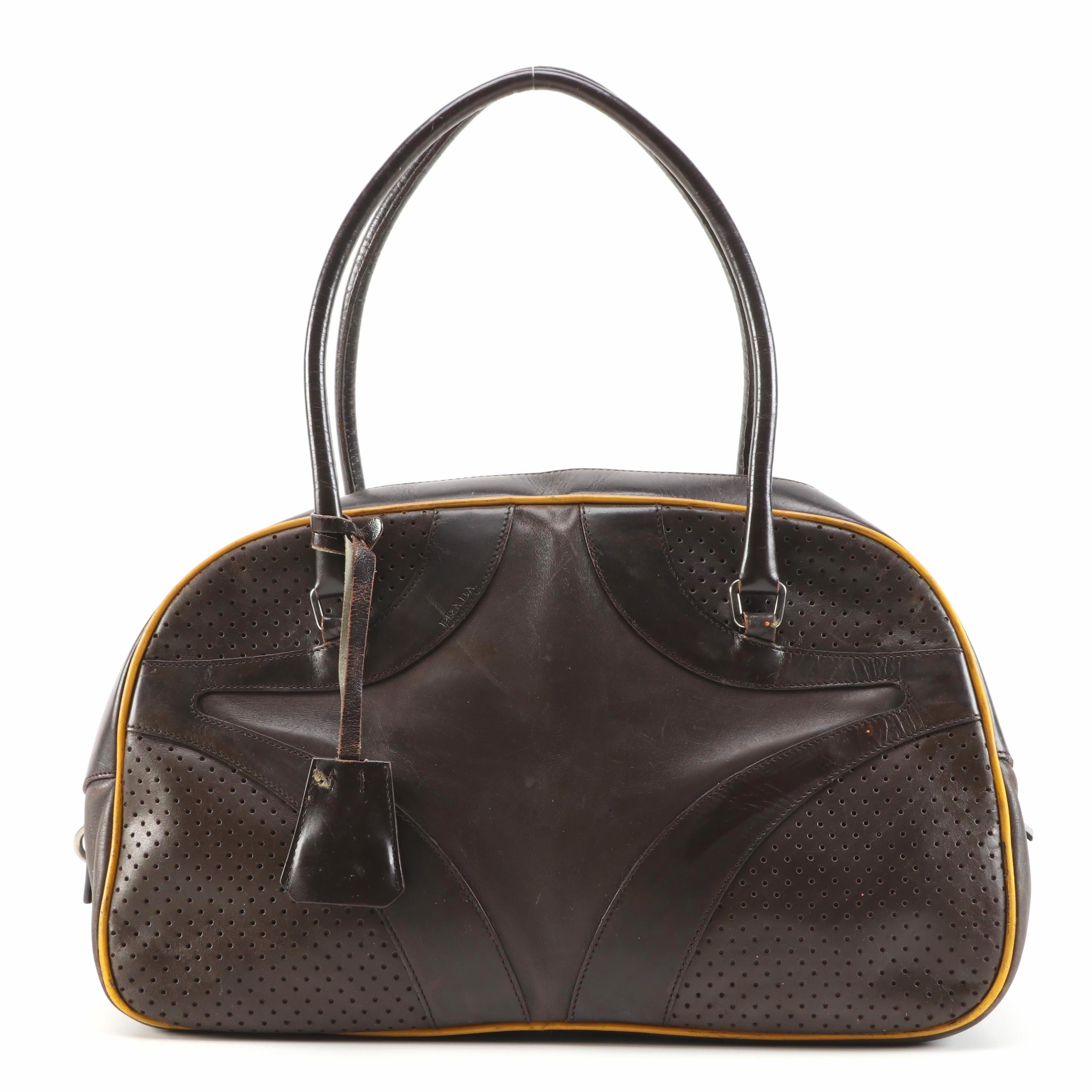 Refurbished Prada Perforated Dark Brown Leather Bowler Bag