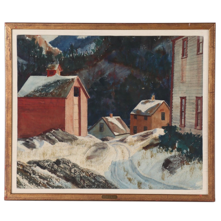 Watercolor Painting Attributed to Harry Emil Olsen of Winter Village Scene