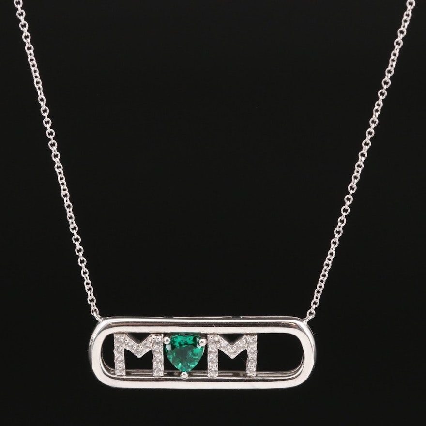 Sterling Silver Emerald and Sapphire Sliding '"Mom" Necklace