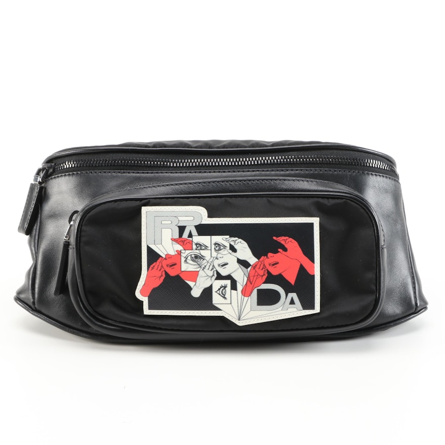 Prada Comic Belt Bag in Black Leather and Tessuto