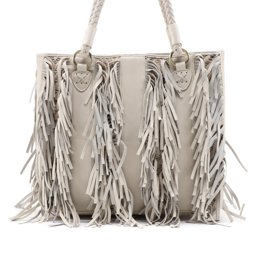 CHI by Carlos Falchi Fringe and Woven Leather Tote Bag
