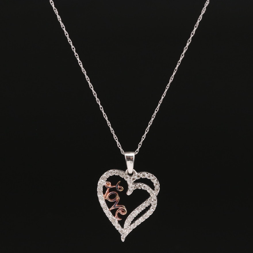 Sterling Silver Diamond "Love" Heart Pendant on 10K Singapore Chain Necklace