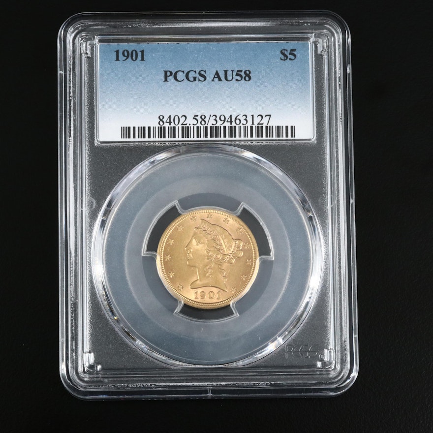 PCGS Graded AU58 Low Mintage 1901 Liberty Head $5 Gold Half Eagle