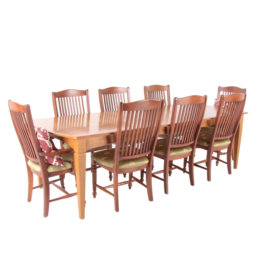 Ethan Allen Cherry Wood Dining Table and Eight Chairs with Leaf Inserts