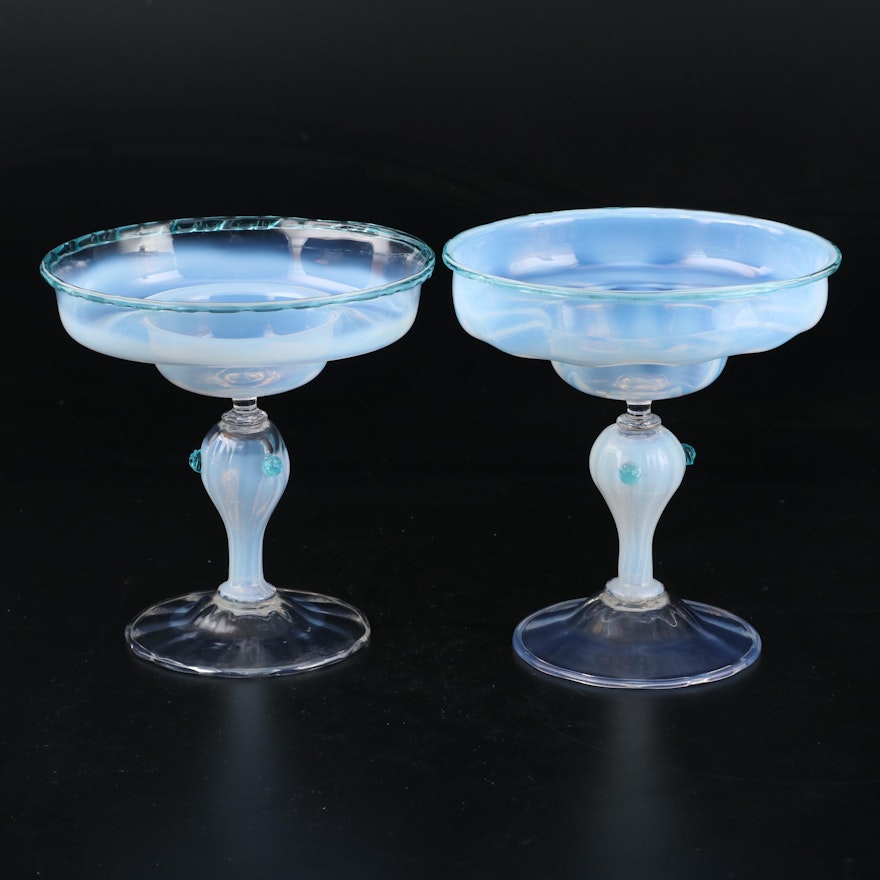 Handblown Opaline Art Glass Compotes with Turquoise Rims and Prunts