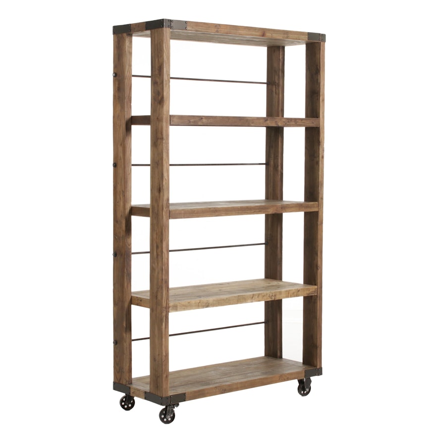 Industrial Style Rustic Scrubbed Pine Rolling Shelf