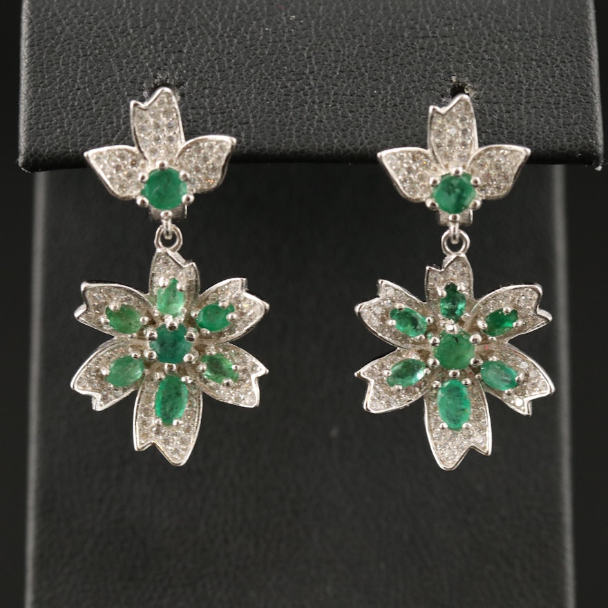 Sterling Silver Emerald and Cubic Zirconia Flower Drop Earrings