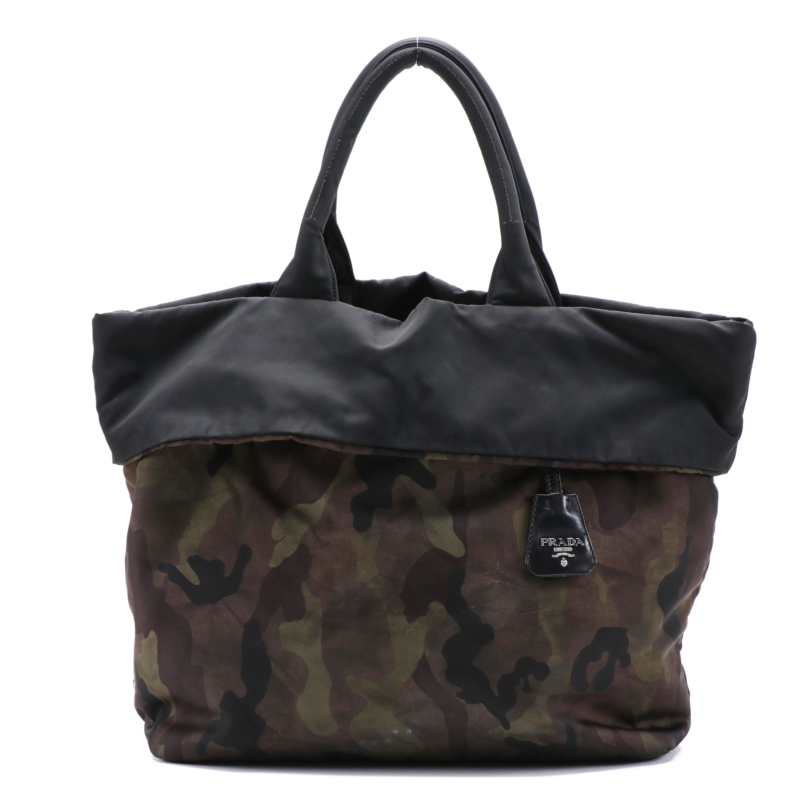Prada Reversible Tote Bag in Brown Camouflage Print and Black Nylon