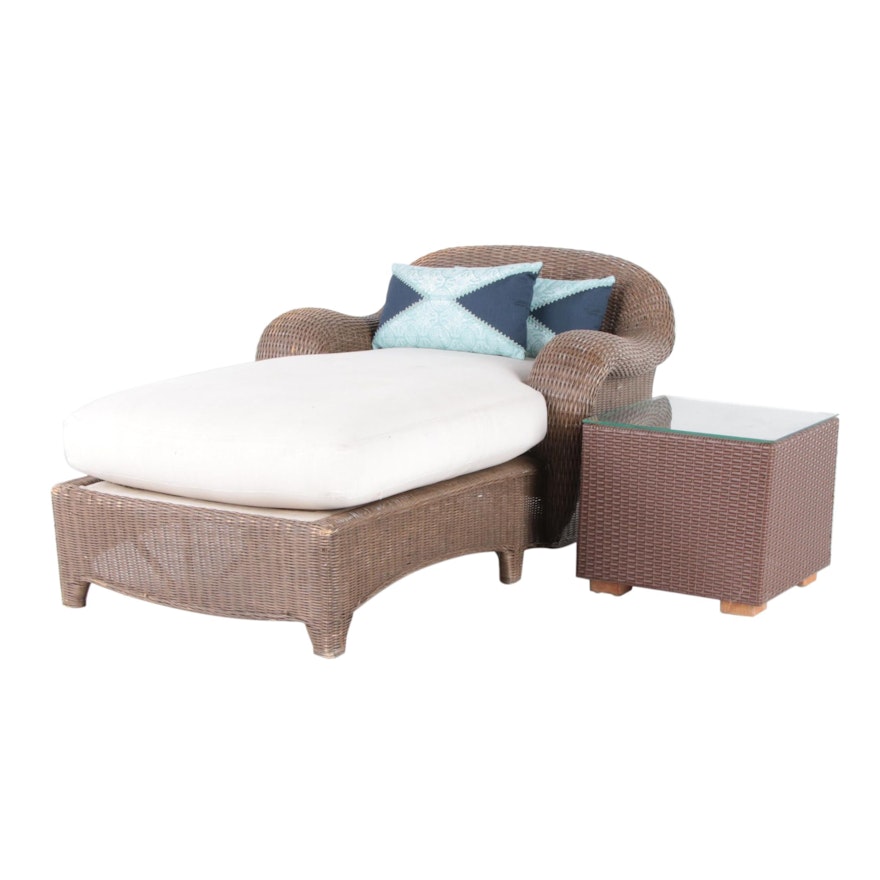 Wicker Chaise Lounge and Synthetic Wicker Glass-Top Side Table