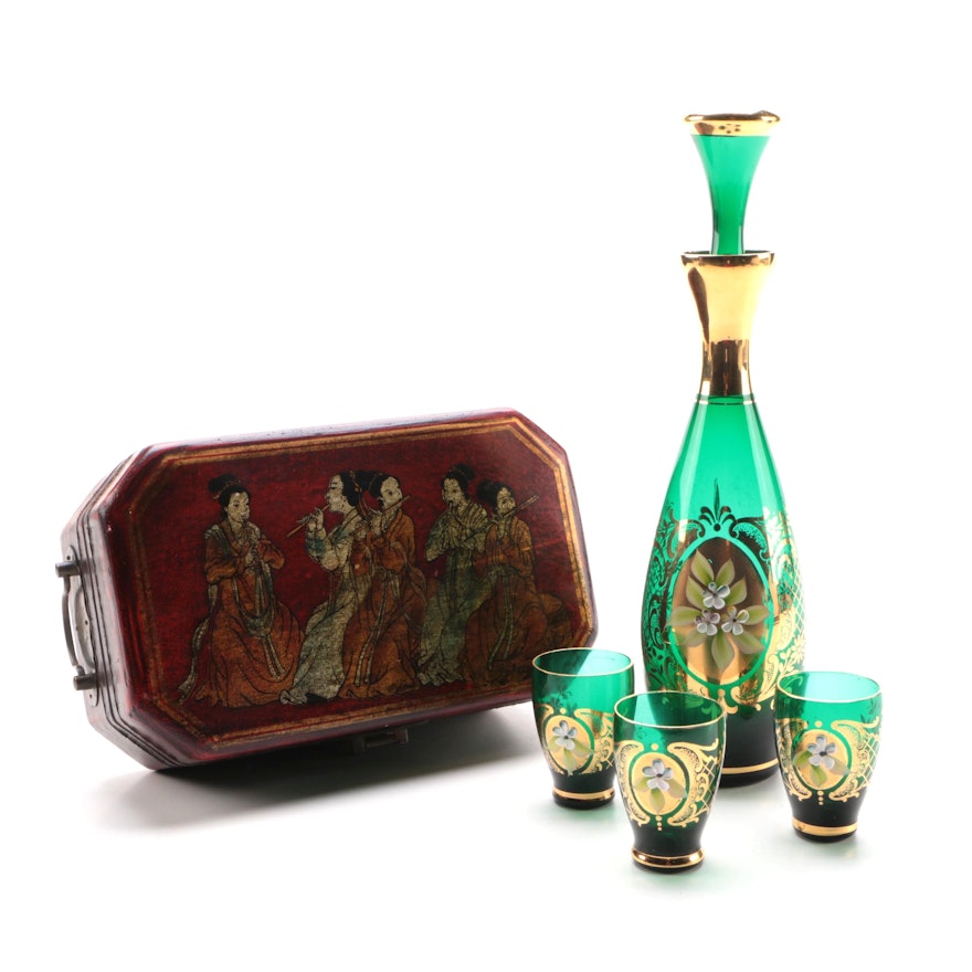 Bohemian Gilt Czech Art Glass Decanter with Glasses and Japanese Lacquerware Box
