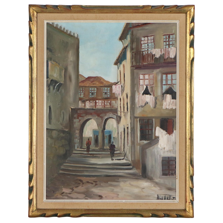 Street Scene Oil Painting, Mid 20th Century